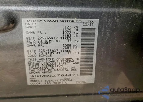 2016 Nissan Rogue S z USA, uszkodzony, nr VIN 5N1AT2MV1GC764473